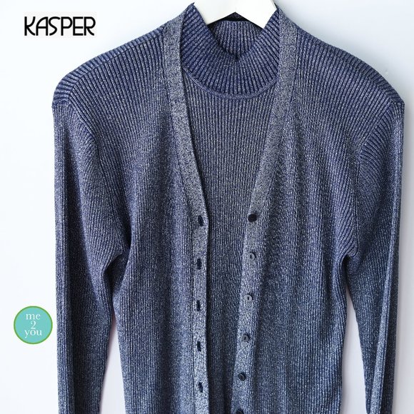 KASPER & COMPANY Blue Ribbed Mock Neck Top & Cardigan - Size P Medium - Picture 2 of 11